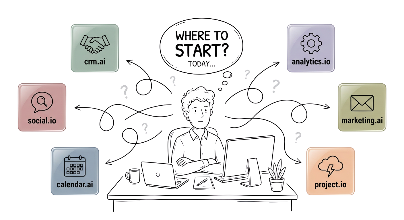 An enterprise user overwhelmed by disconnected AI agents and tools across CRM, analytics, social media, email marketing, and project management